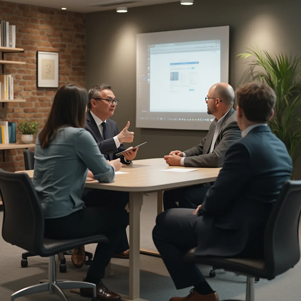 Equipo de consultores en reunión estratégica
